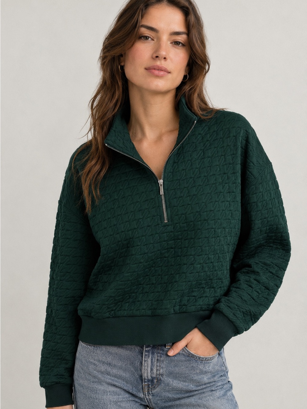 Lou & Grey Quilted Half Zip Sweater Jacket Forest Green Textured Pullover Fall